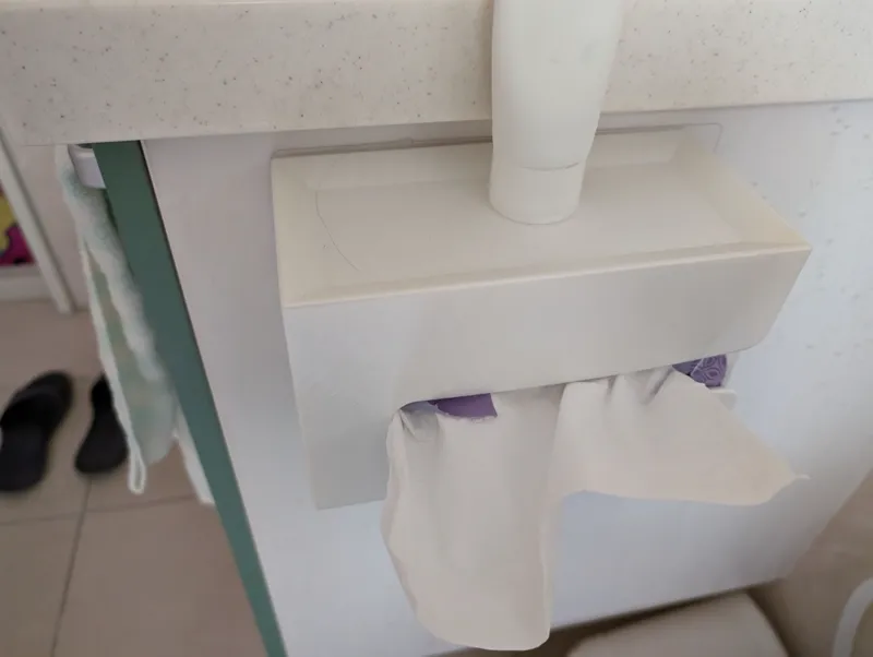 Tissue paper box stuck to toilet wall 