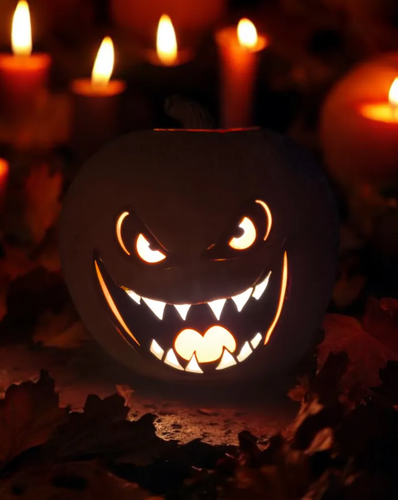Halloween pumpkin with real scary, printed face