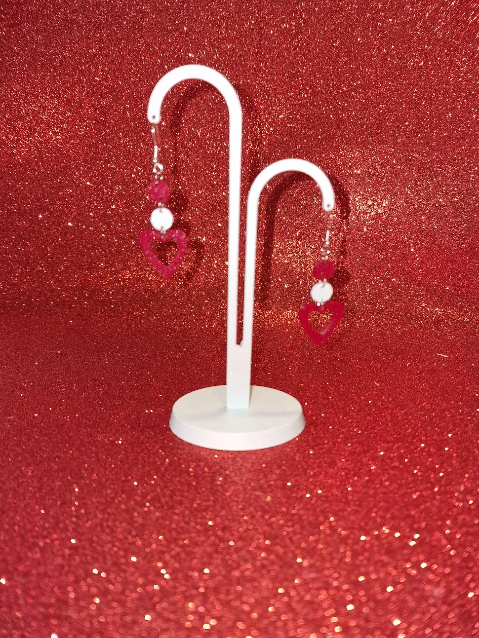Red and white heart earrings view 3