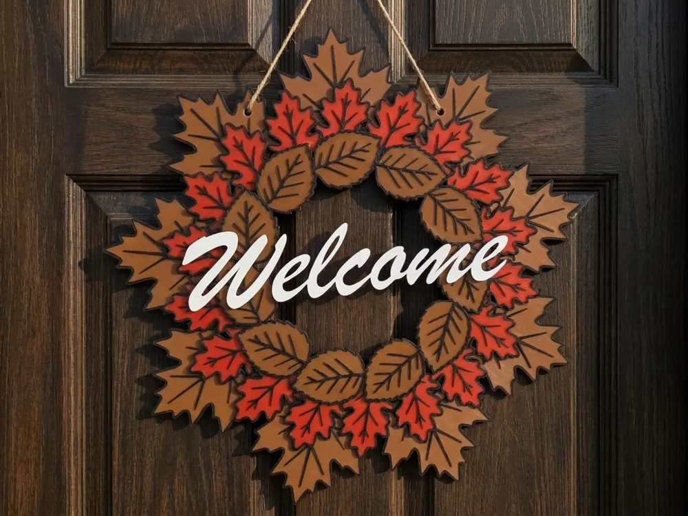Soporte: Autumn Door Wreath – Welcome / Willkommen. Referencia del modelo original.