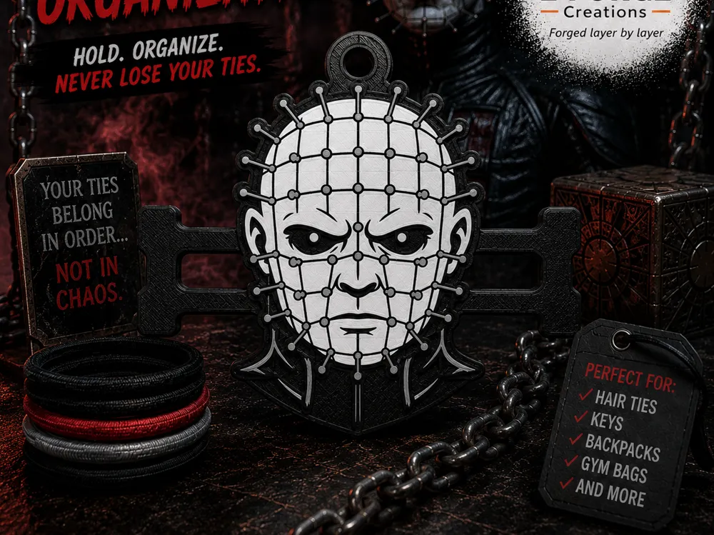 Accesorio para sujetar ligas de cabello: Pinhead Horror Hair Tie Holder Keychain. Referencia del modelo original.