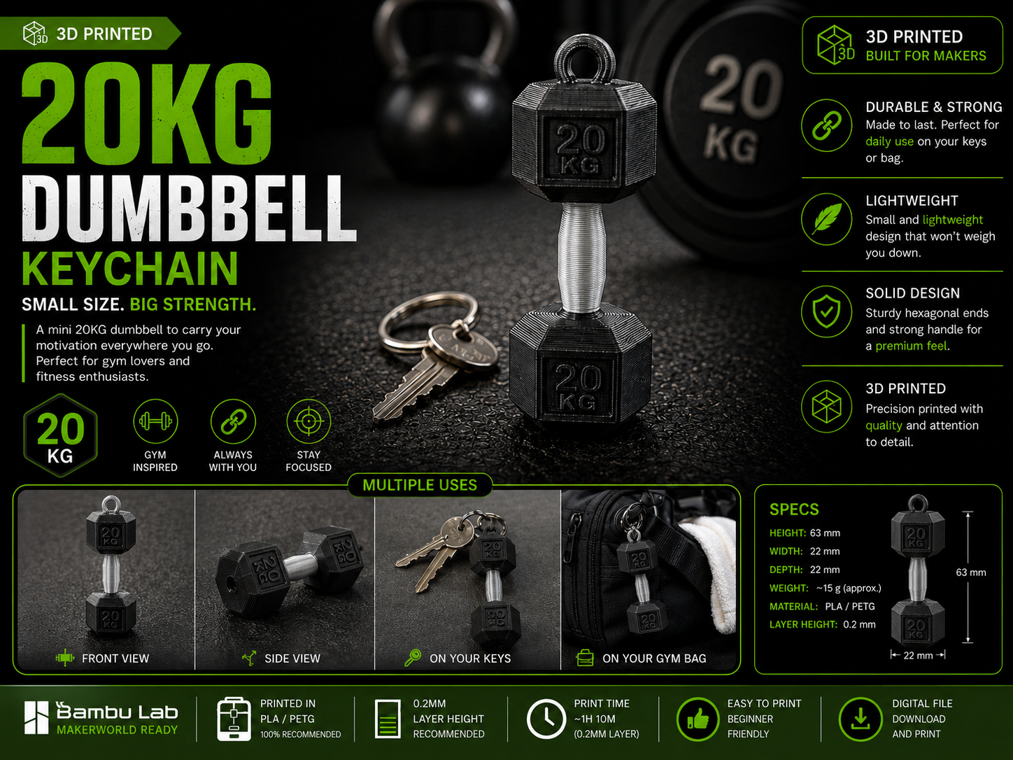 Dumbbell Keychain 20KG – Strength in Your Pocket