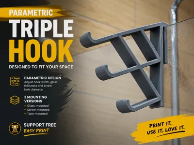 Parametric Triple Hook - glass, screw, tape mount