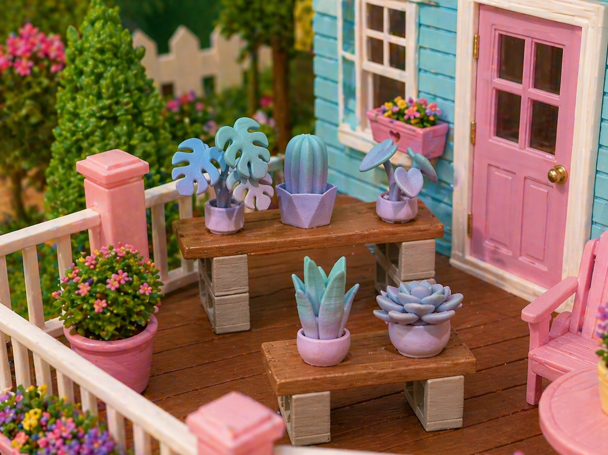 Mini Patio Plant & Bench Set–Dollhouse Decor