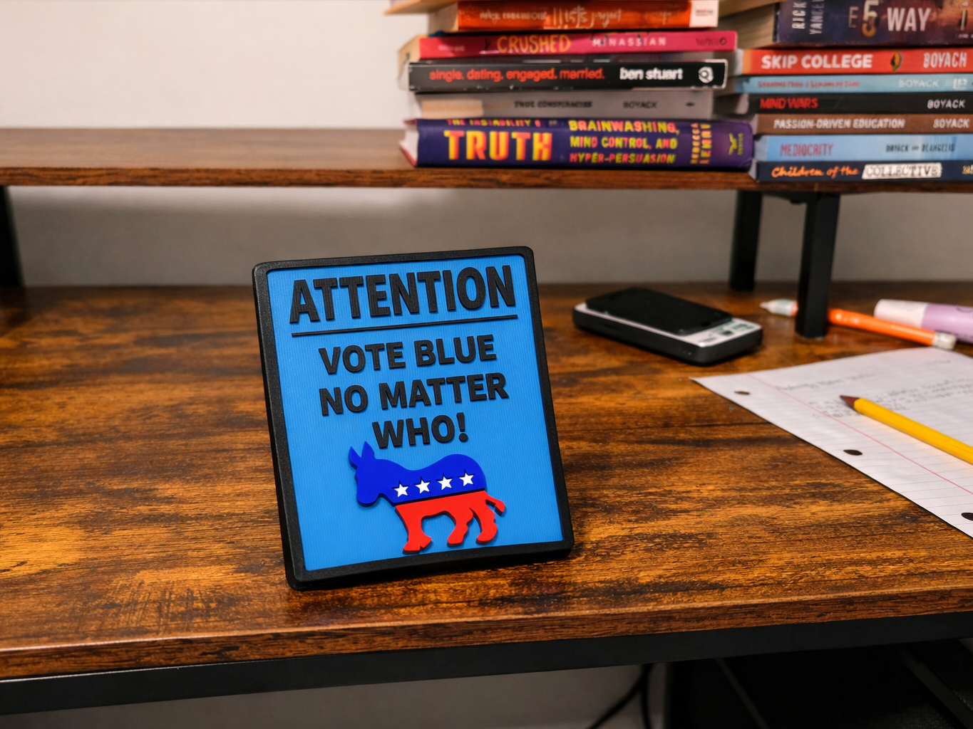 Vote BLUE no matter who desk / wall sign.