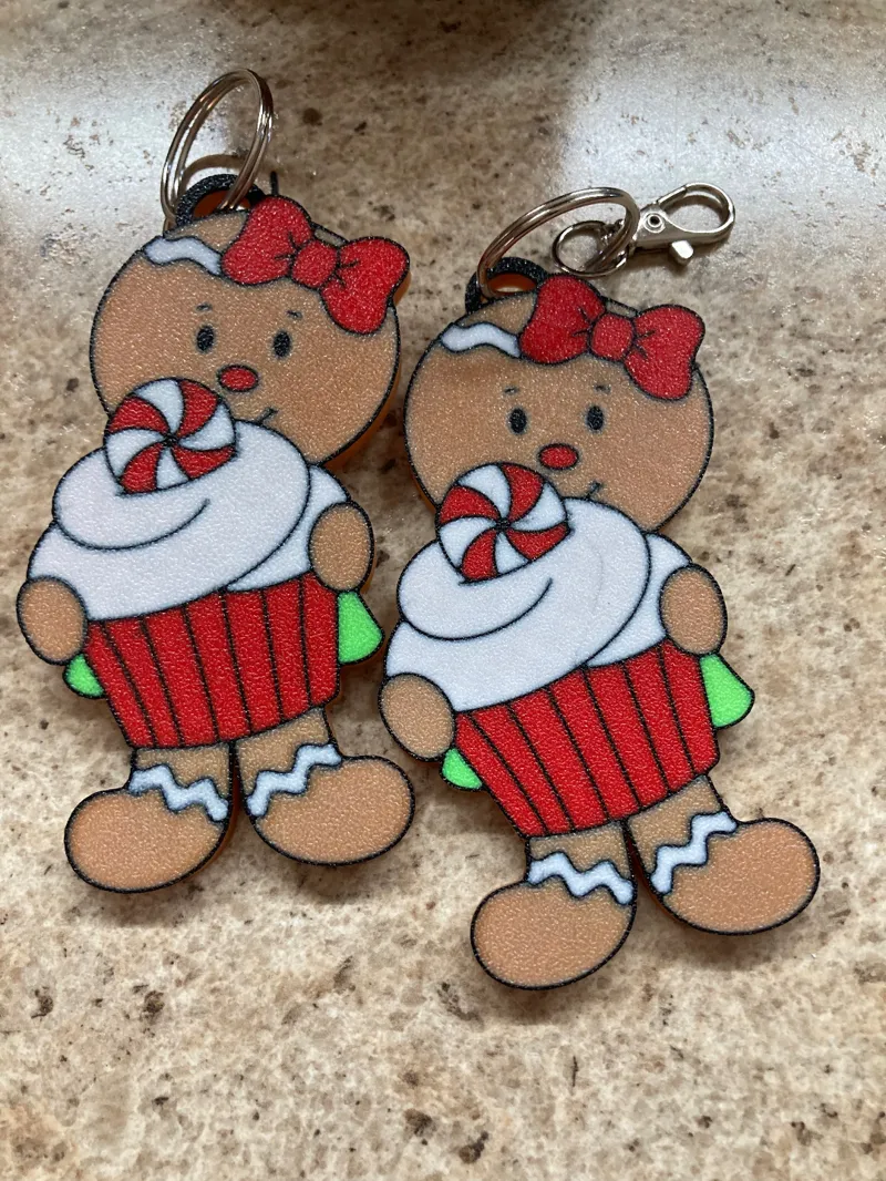 Gingerbread girl holding cupcake keychain or ornament