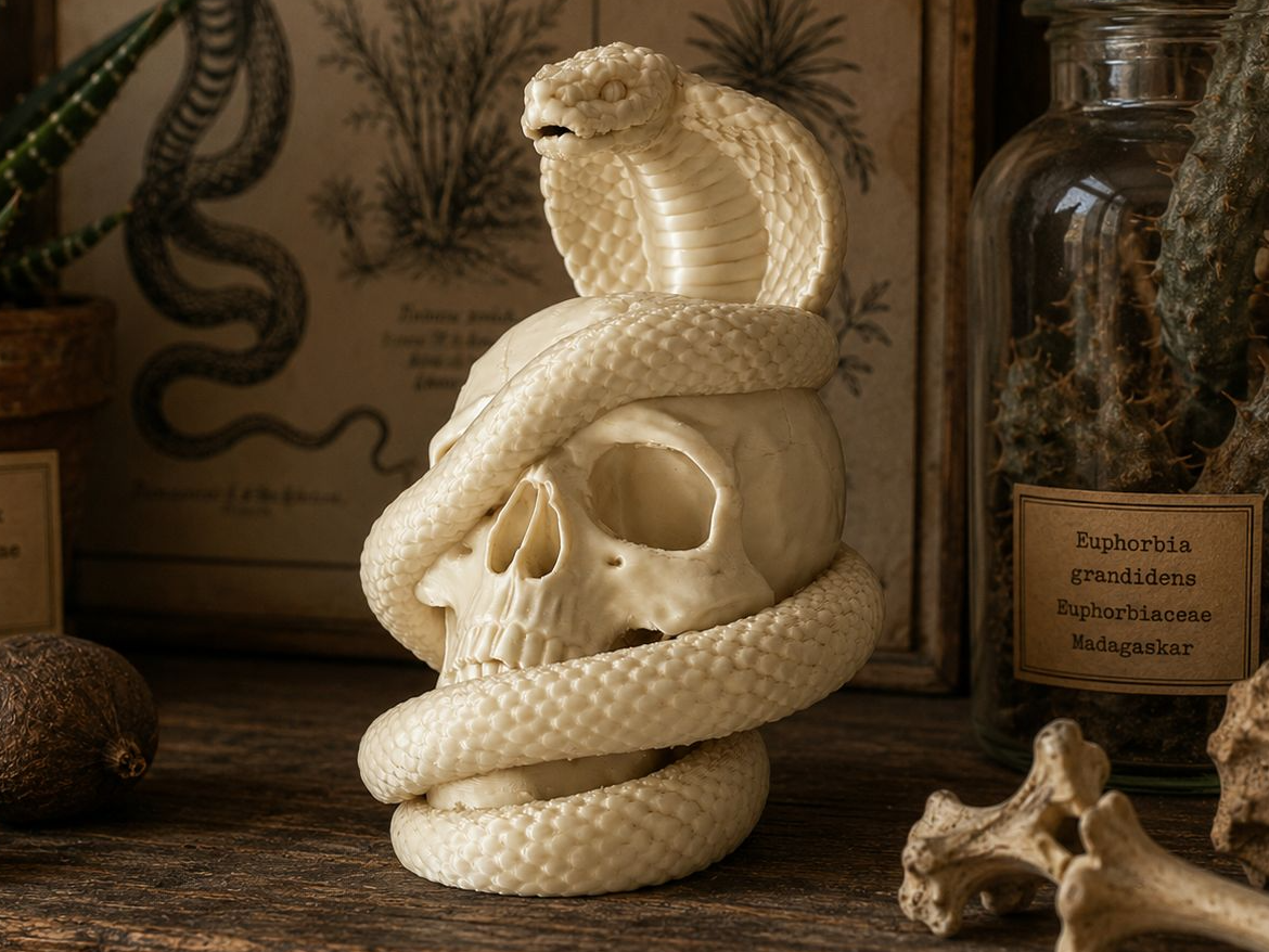 Coiled Cobra Skull Dark Fantasy Serpent Sculpture