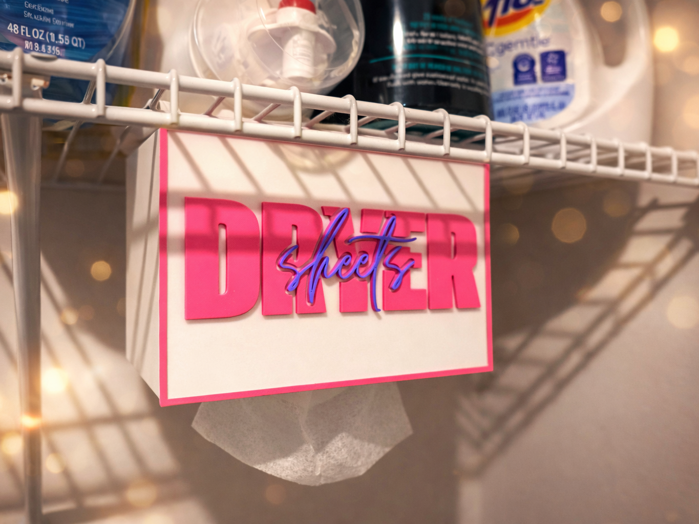 Dryer Sheets Dispenser Hangs from wire shelf rack
