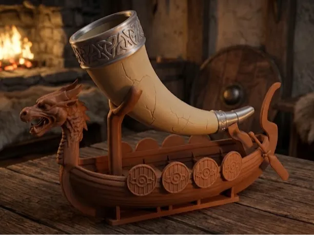 Epic Viking Drinking Horn & Drakkar Display Stand