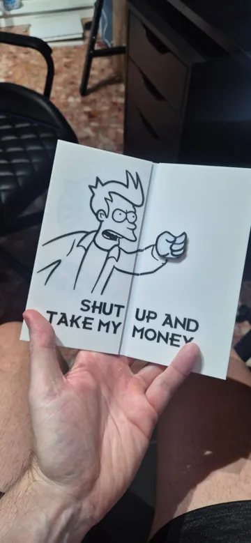 Letrero o emblema decorativo: Biglietto auguri futurama meme - Fry take my money — vista de referencia 3