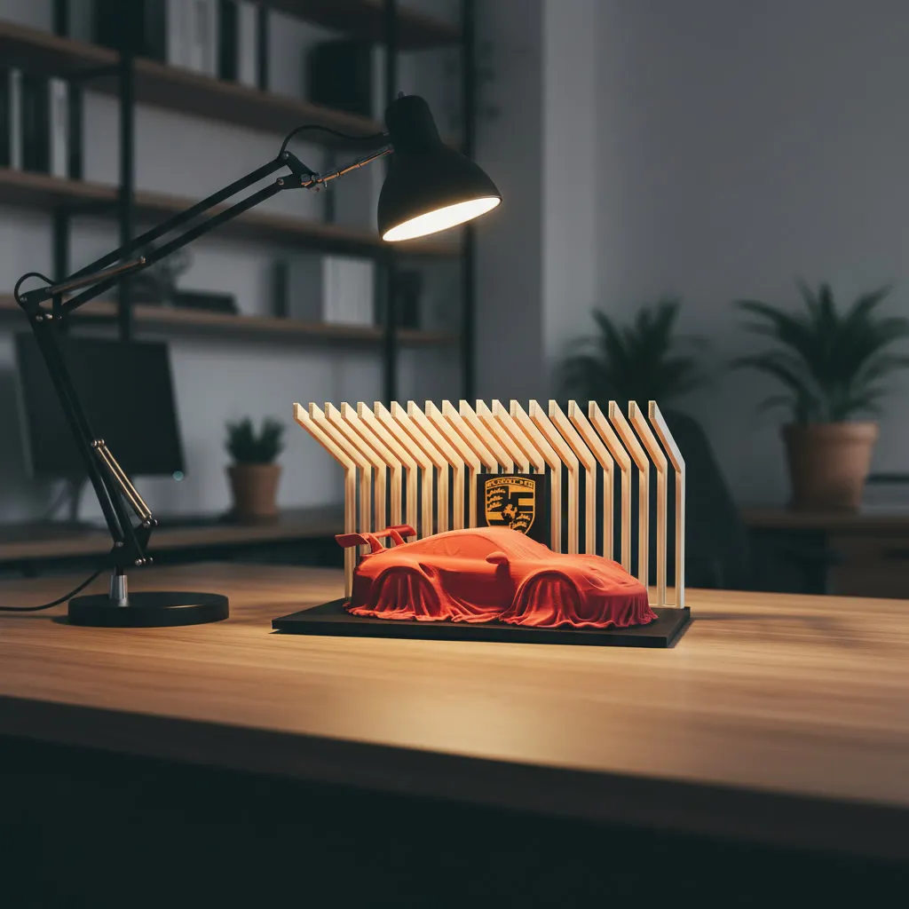 Porsche 911 GT3 RS covered on a diplay stand. view 2