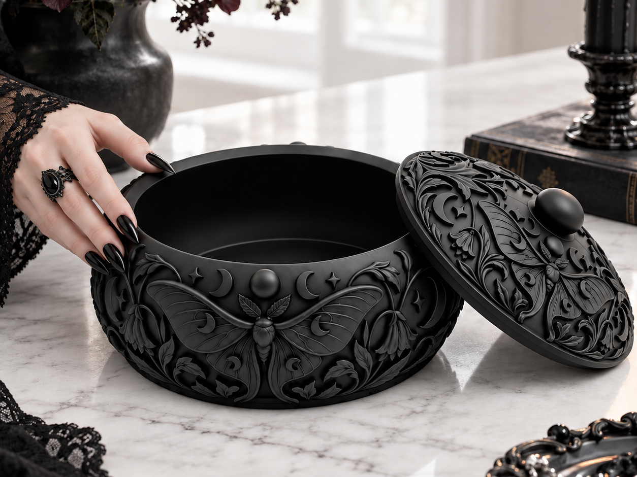 Goth Moon Moth Botanical Trinket Box With Lid - 1