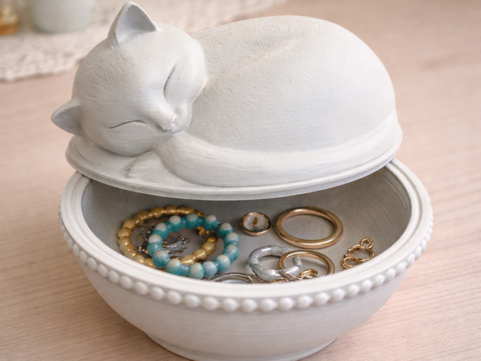 Vintage Sleeping Cat-Cat on Nest Trinket Dish