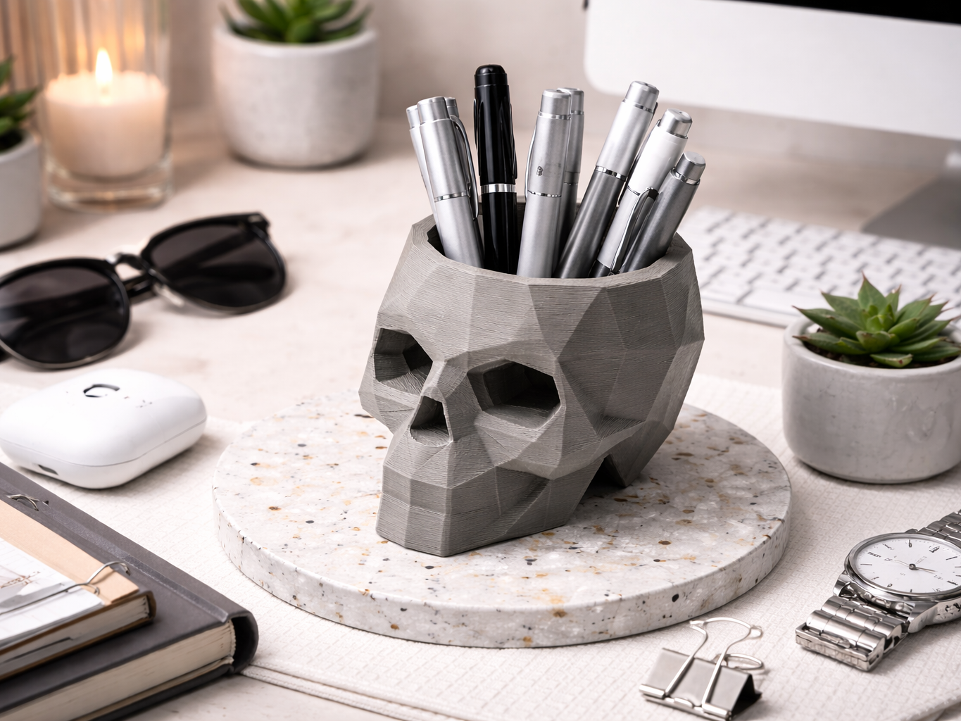 Low Poly Skull Pen Holder – Desk Organizer 