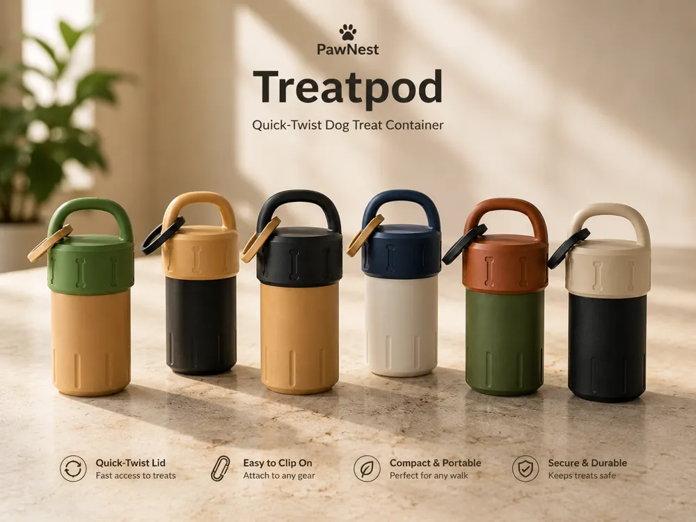 Caja o estuche: PawNest Treatpod – Quick Twist Dog Treat Container. Referencia del modelo original.