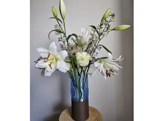 Translucent Blue Vase with Wood-Style Base