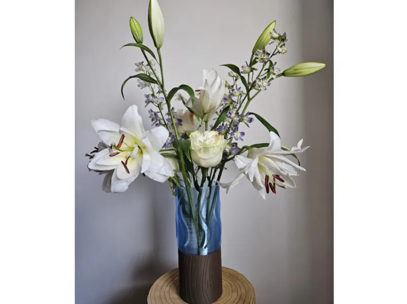 Translucent Blue Vase with Wood-Style Base
