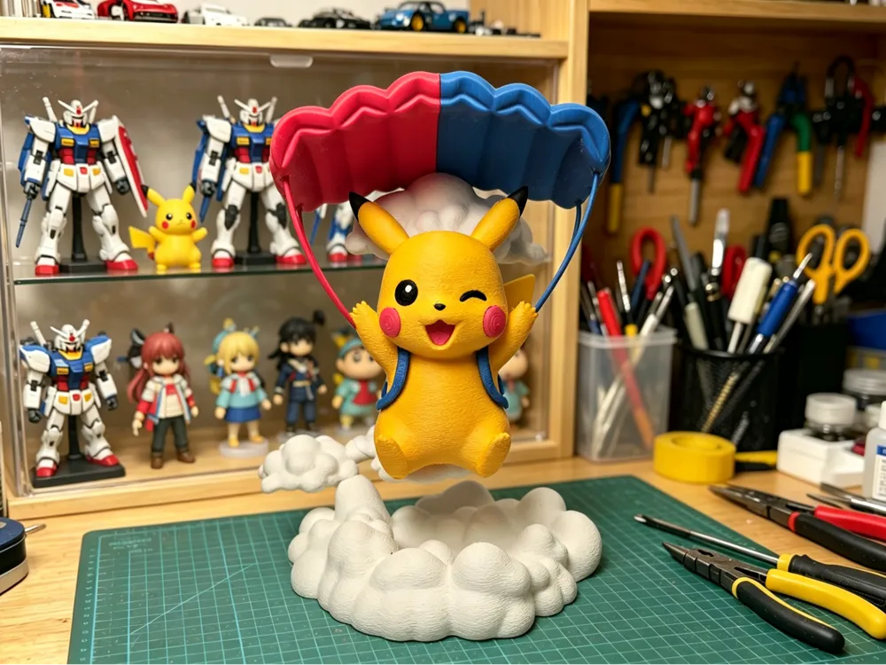 Accesorio para impresora 3D: 跳伞皮卡丘 宝可梦云朵底座手办 无需AMS 多色分件打印. Referencia del modelo original.