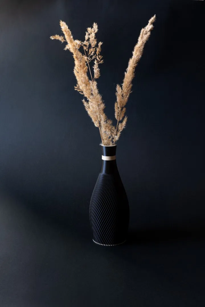Ribbed Black Vase with Weighted Base