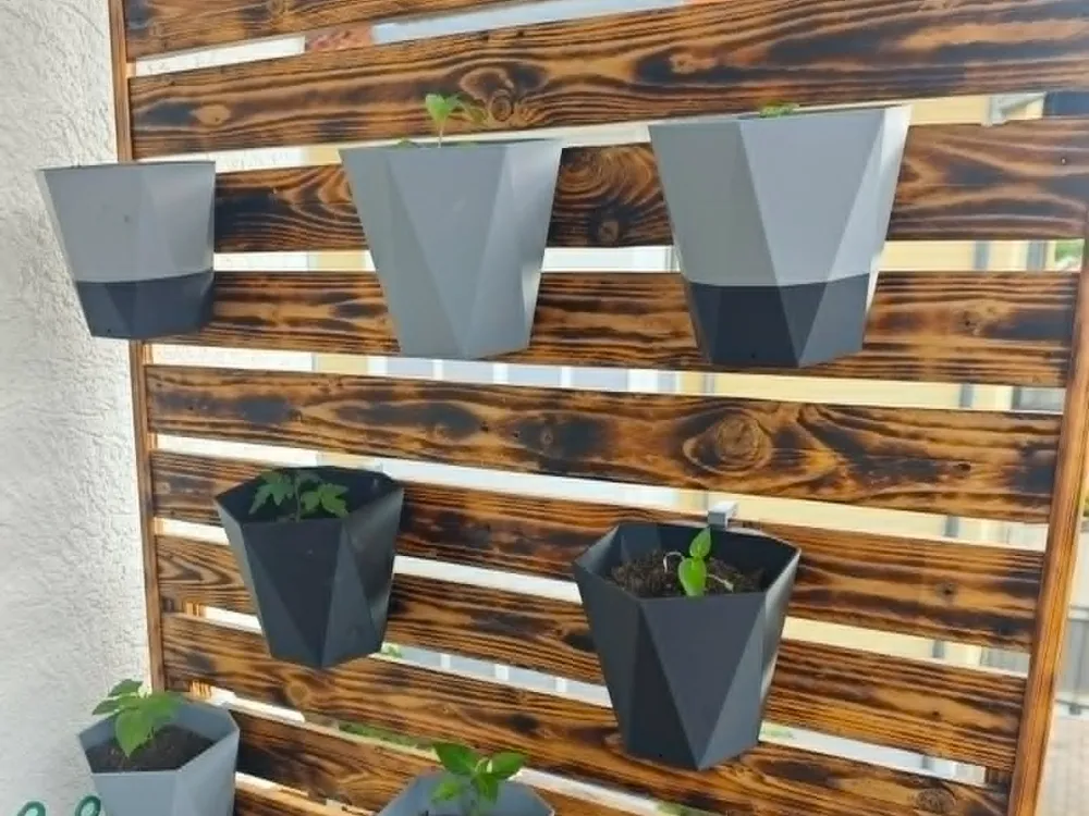 Letrero o emblema decorativo: Blumen-/ Pflanztopf im modernen Low-Poly-Design. Referencia del modelo original.