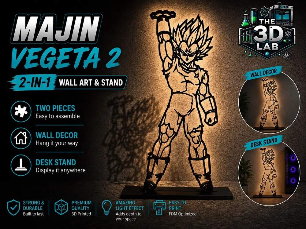 Cuadro decorativo en 3D: Majin Vegeta - 2-in-1 Wall Art & Display Stand. Referencia del modelo original.