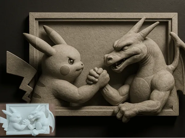Bas-relief Pikachu contre Dracaufeu