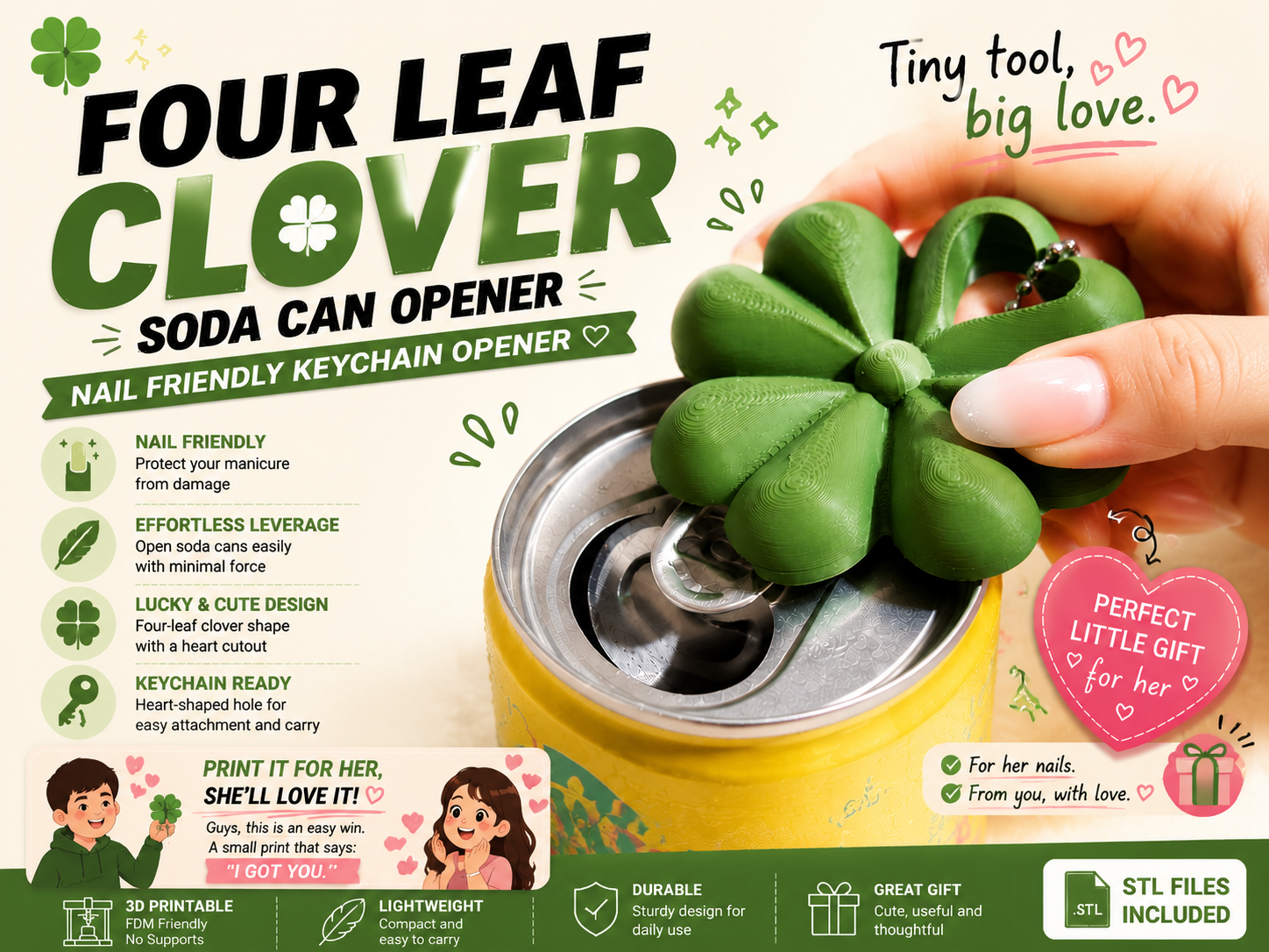 Four Leaf Clover Can Opener–Nail Friendly Keychain