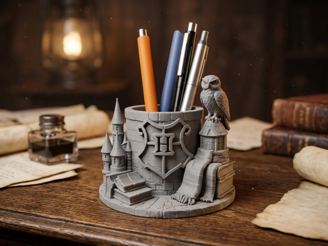 Magischer Stiftehalter mit Eule & Zauberschloss 3D model