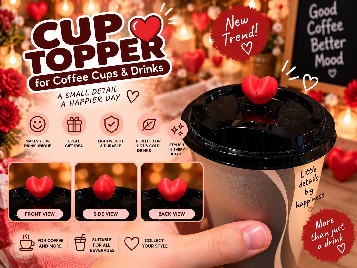 Cute Heart & Drink Cup Lid Topper - 1