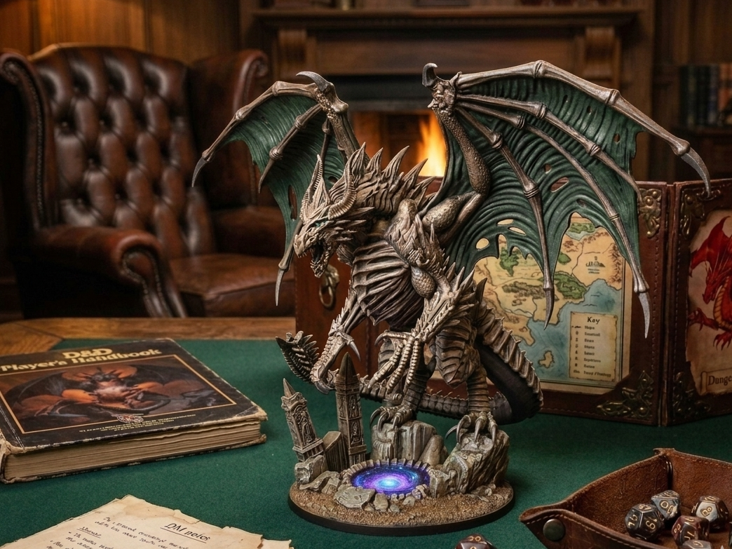 Black Dragon of Destruction over crater & towers