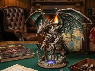 Black Dragon of Destruction over crater & towers