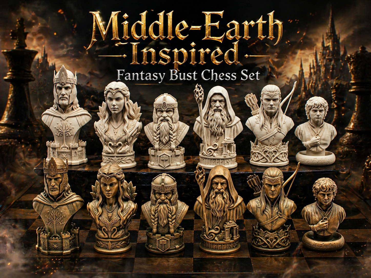 Middle-Earth Inspired Fantasy Chess Set Bust STL