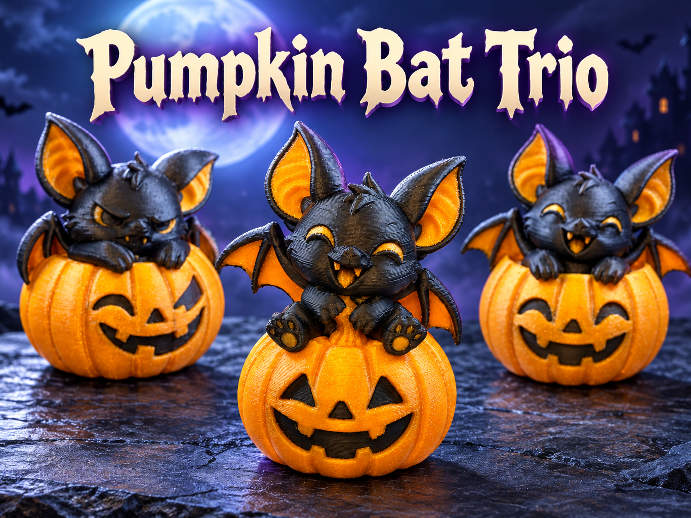 Pumpkin Bat Trio – 3 Halloween Figures 3D model