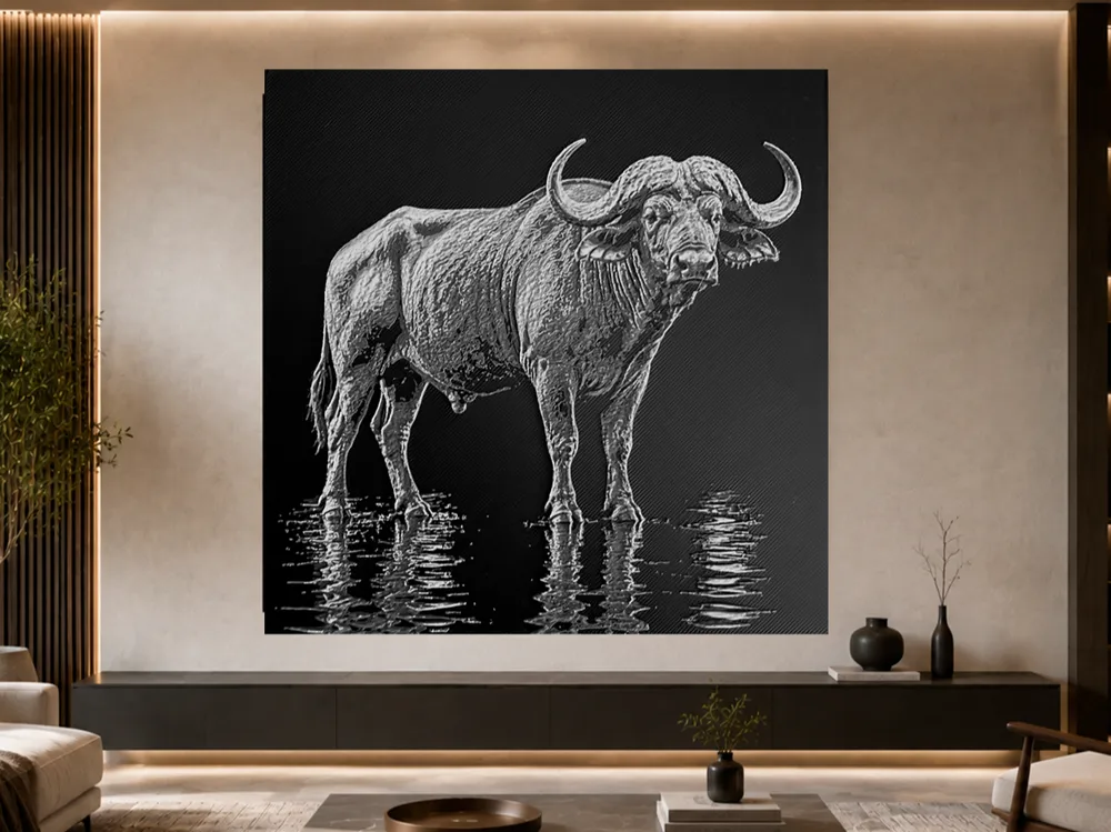 Cuadro decorativo en 3D: Hueforge - Buffle solitaire. Referencia del modelo original.