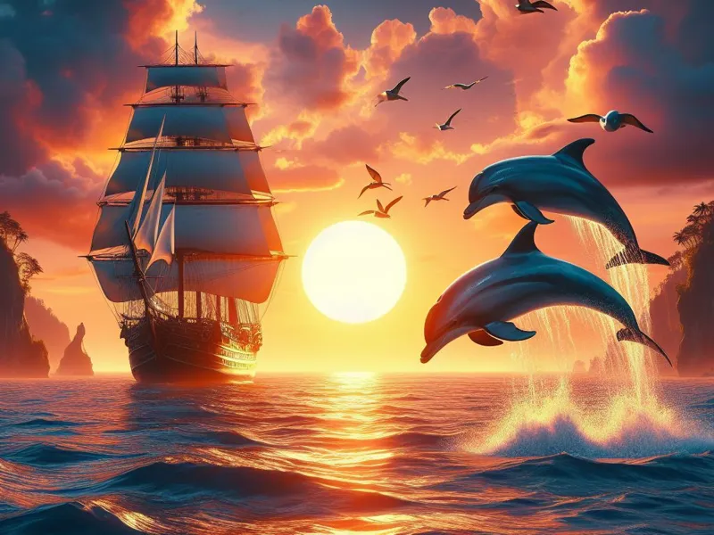 Delfine mit Schiff im Sonnenuntergang Hueforge 