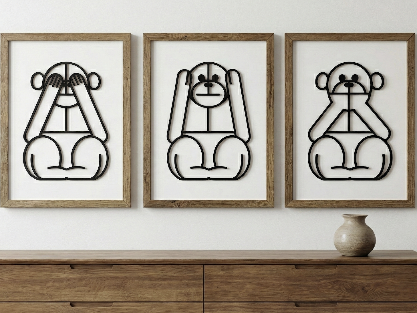 Title: Minimalist "Three Wise Monkeys" Wall Art 