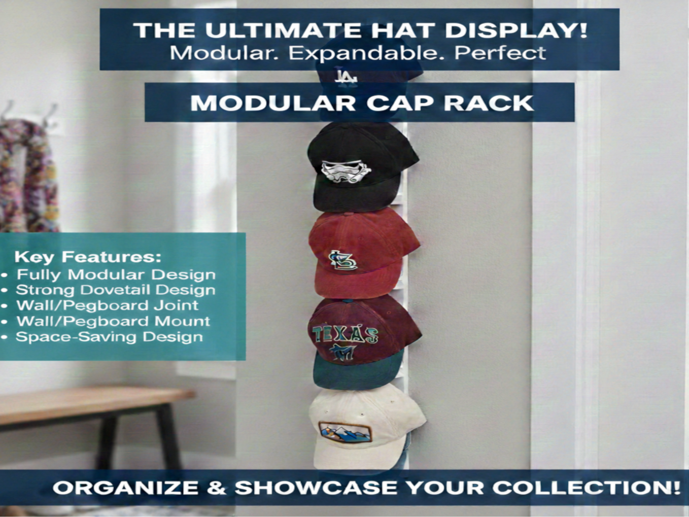Modular Wide-Spacing Baseball Cap Rack