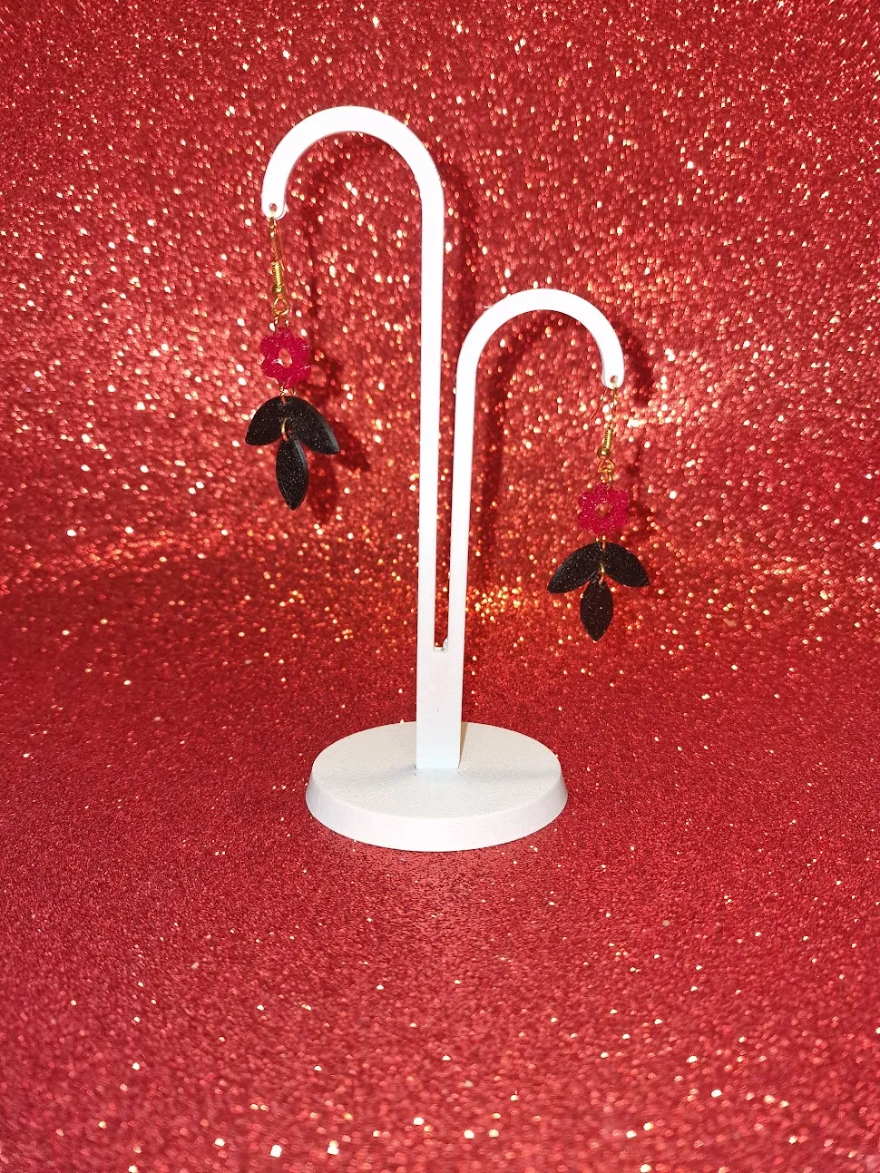 Red and black flower earrings view 3