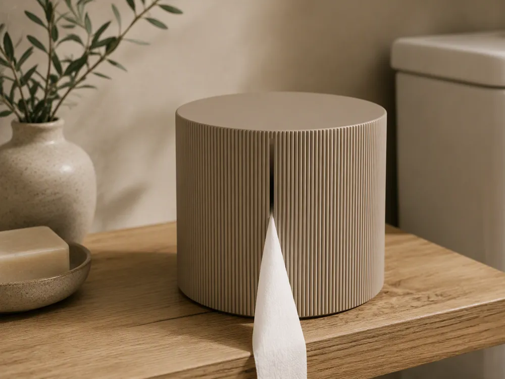 Letrero o emblema decorativo: Japandi Fluted Toilet Paper Dispenser. Referencia del modelo original.