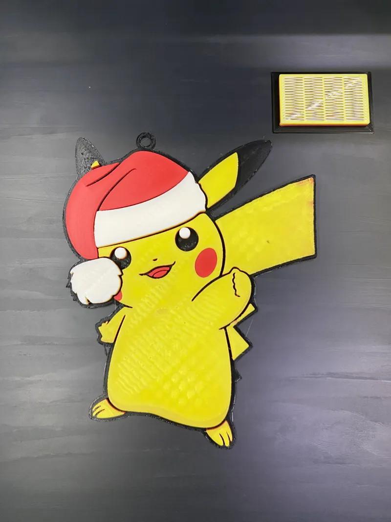 FOUR COLOR - Christmas Ornament - HueForge Pikachu with Santa Hat 