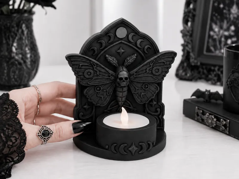 Goth Skull Moth Tealight LED Holder diameter 40mm