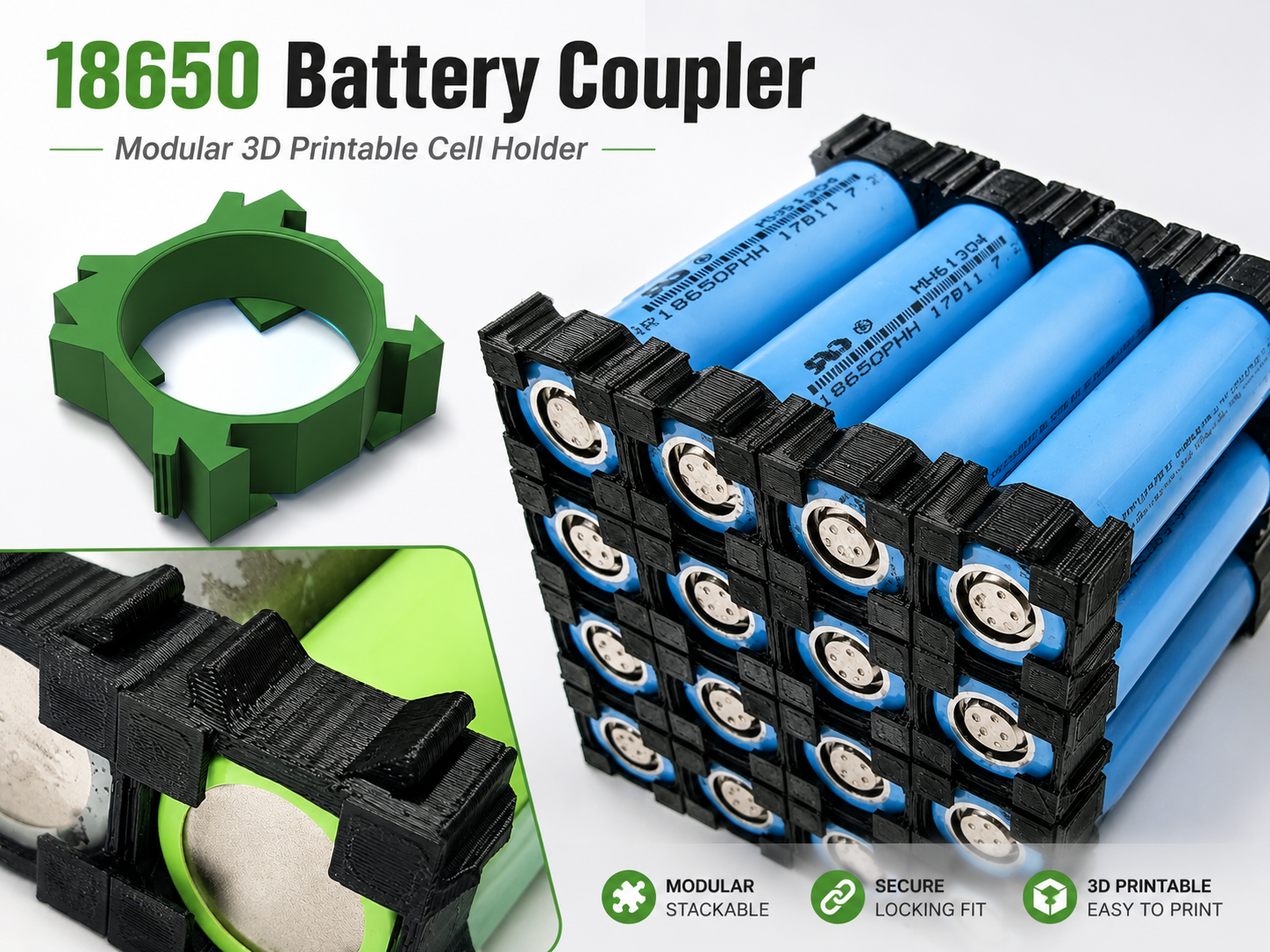 Miniatura 2 do modelo 3D 18650 Battery Coupler - Stackable Holder
