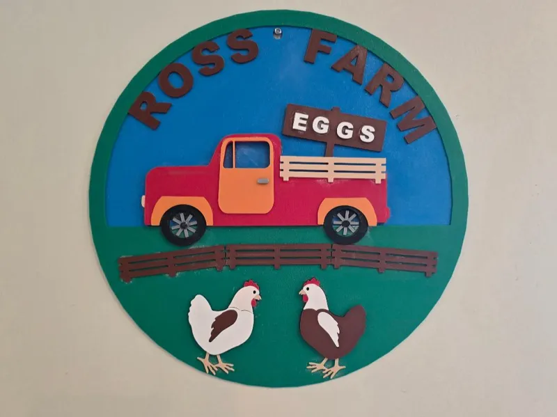 Truck and Chickens with Name Farm Sign