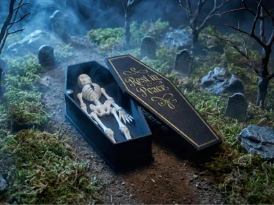"Rest in Peace" Magnetic Coffin for Flexi Skeleton