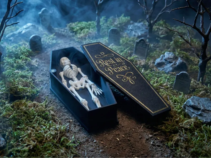 "Rest in Peace" Magnetic Coffin for Flexi Skeleton