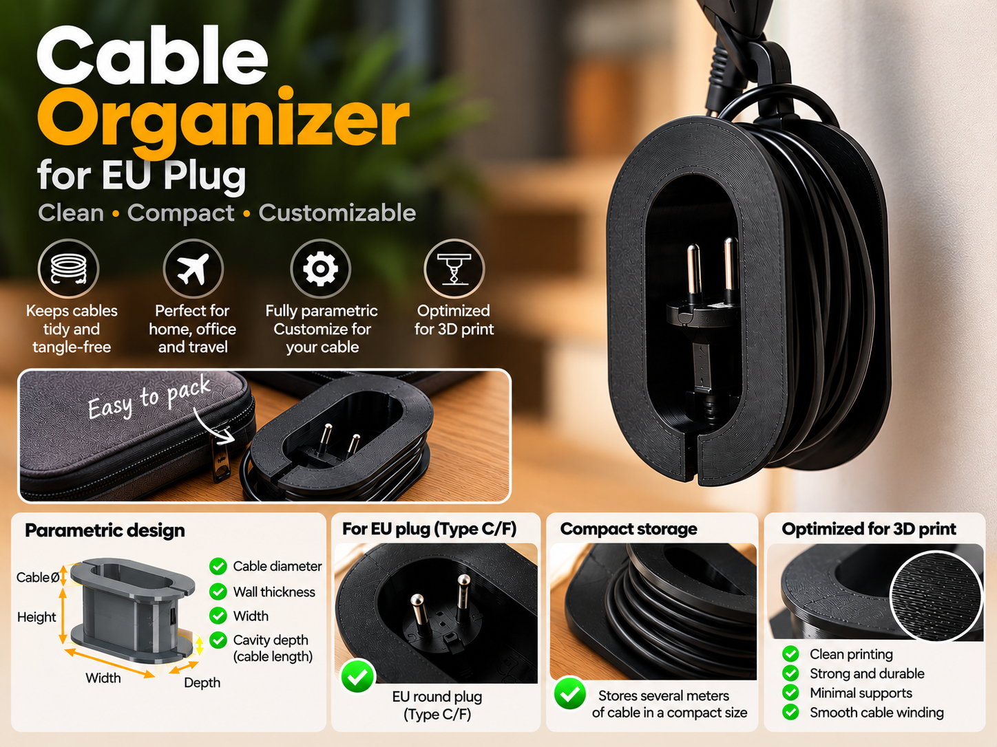 EU Plug Cable Organizer & Winder – Fully Customiz - 1