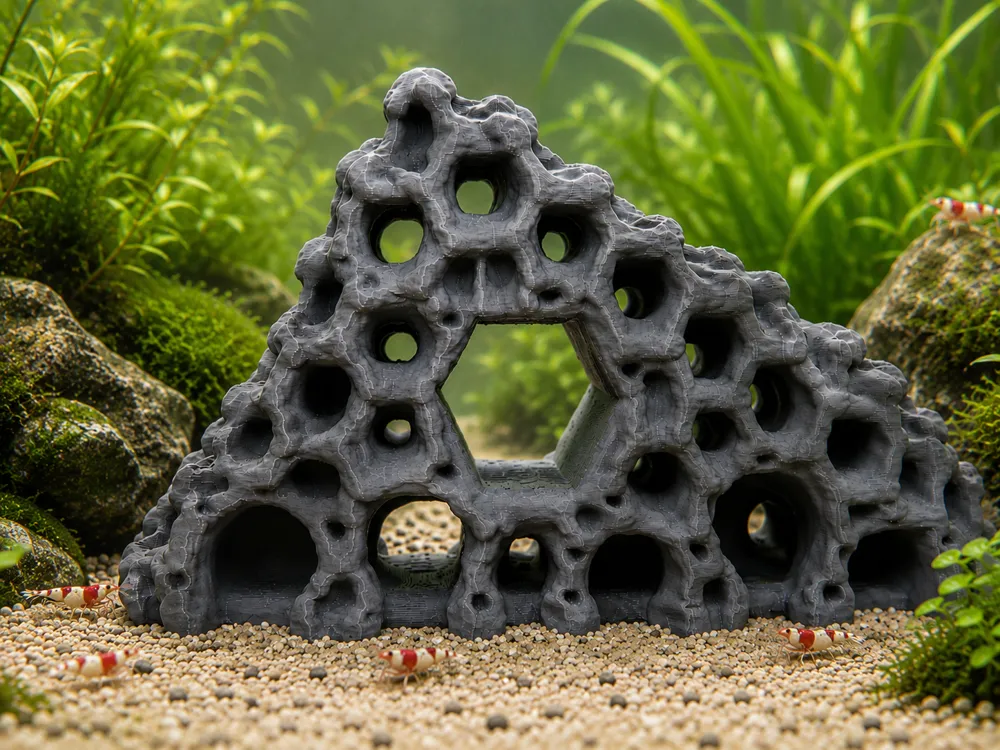 Letrero o emblema decorativo: Shrimp Cave Rock – Aquarium Hideout. Referencia del modelo original.