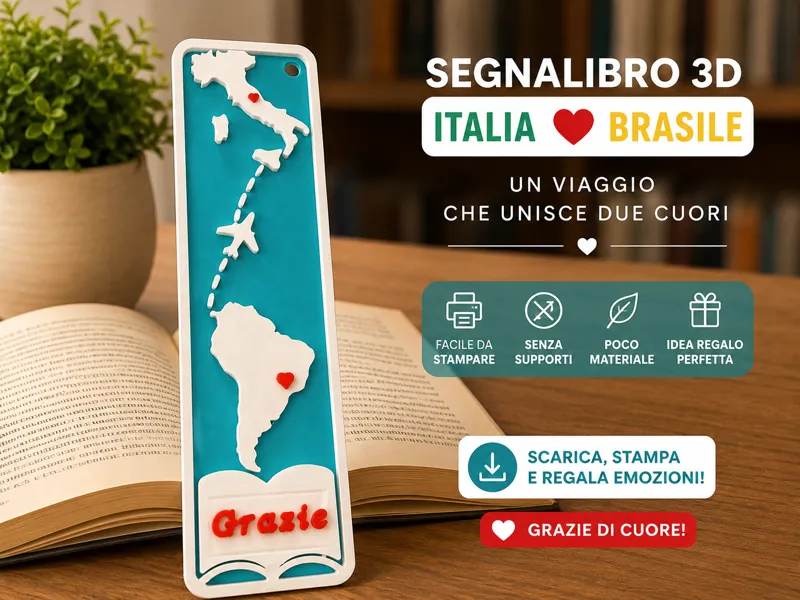 Segnalibro Grazie - Brasile e Italia con Cuore