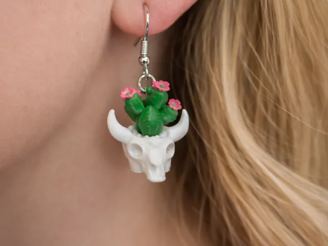 Prickly Pear Cactus in Skull Pot Earrings
