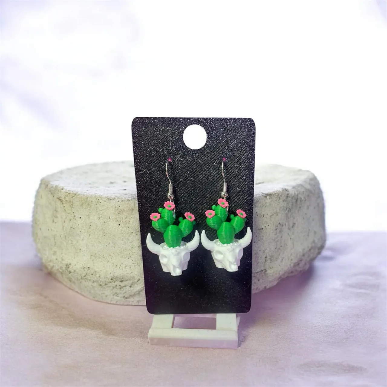Prickly Pear Cactus in Skull Pot Earrings view 2